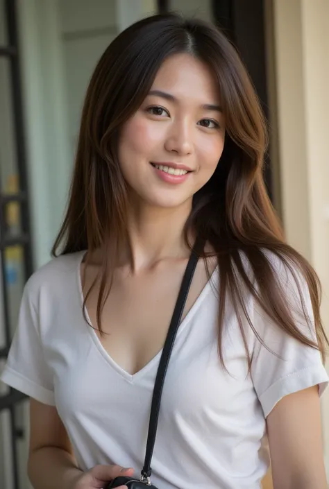 a young east-asian woman,beautful strait hair,thined out hair,fashion photography,with (long hair),standing straight,slight smile,left hand holding purse,right hand relaxed,(natural skin texture,hyperrealism,soft light,sharp:1.2) young adult East Asian joy...