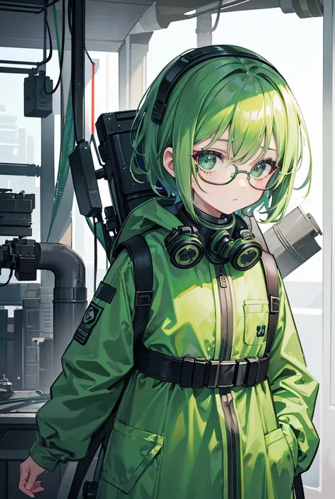 1girl, standing portrait, Central Focus, Centered, Fully in-frame, Solo, Standing still, zoomed out

Gender: Female

Appearance: Chernobyl laboratory scientist girl with short green hair and safety glasses and a gasmask wearing a green hazmat suit over a s...