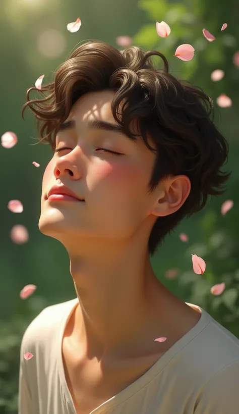 Adrián, a teenager, finds his eyes closed with a small smile while some flower leaves fall..  