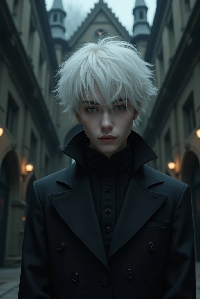  Dark School of Magic,  Transfer Student , Handsome, decadent,  attractive , Two block,  white hair,  white skin , white eyelashes, Youth