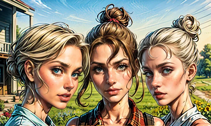 a close-up of 3 sexy unique Caucasian farming sisters with seductive expressions and their hair up in a messy bun. all are dressed like tomboys and standing on the porch of a beautiful white heritage farmhouse in the mid-west on a sunny afternoon, looking ...