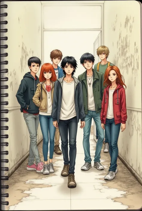 drawing  in a notebook group of 7 of teens in   (4 boys black hair brown bloned Auburn hair) (3 girls   one bloned girl one red head  black heir)  abandoned School