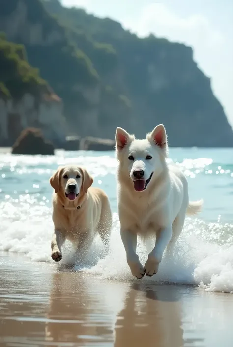 A white shepherd and an elderly whitish golden retriever play in the water on the coast of southern France