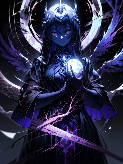 (Masterpiece), (Realistic), (Best quality), (Ultra-detailed), Amazing, Add_detail:1.5, Dark Angel, mystical aura, Obsidian black wings, flowinggown, deep Purple, Motifs inspired by the occult, Crown of thorns, Poisonous nightshade, Silver eyes, Mysterious ...