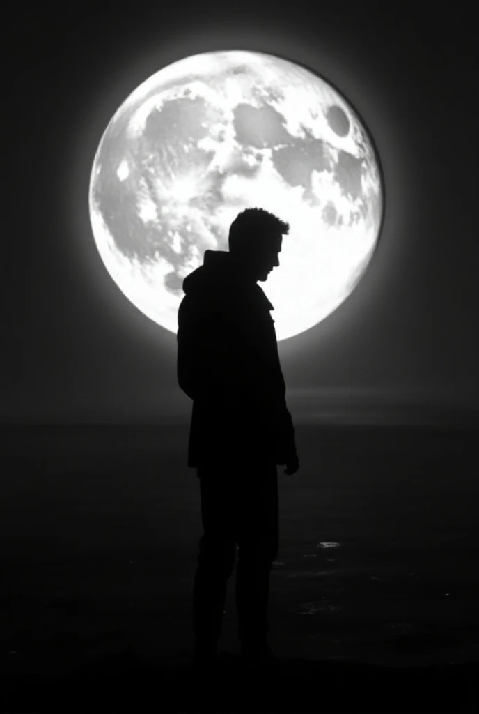 Create an image with a shadow of a man in front of the Moon in black and white 