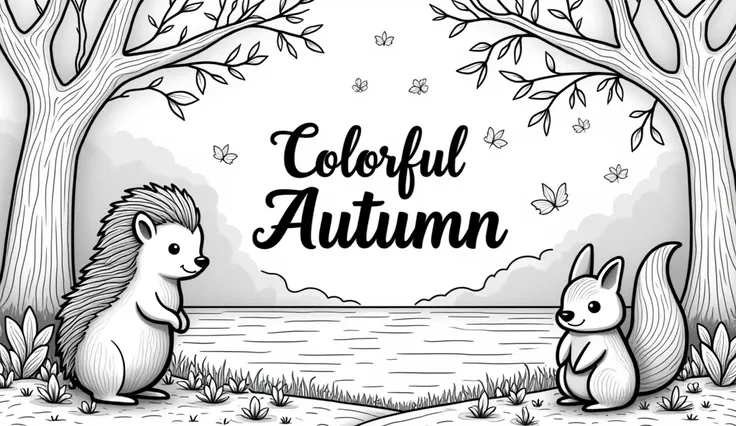 in the center Create a cartoon-style Text typography that says "Il magico autunno da colorare" in elegant 3d coloring book calligraphy and blank inside, black linear graphics on a white background, center composition with a forest landscape, autumn foliage...