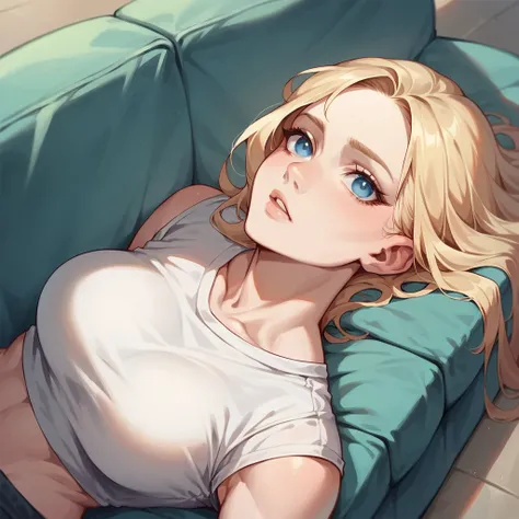 Long pale blonde hair, deep blue eyes, pale skin, she’s wearing a crop top t shirt that shows off her muscular abdomen, she has a serene expression on her face, laying back on a couch looking up at you,