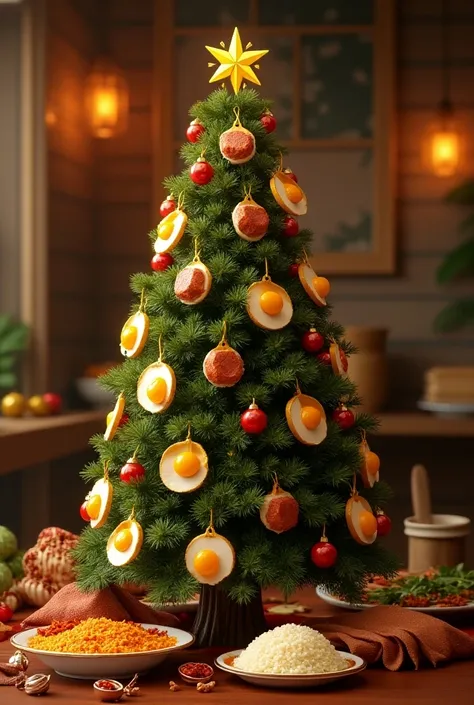 generate me a picture for Christmas tree competition theme is Tapsilog.
