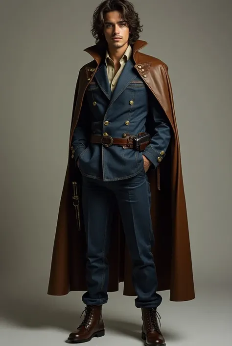  Marck Fernández ,   and his wavy, loose hair and wearing a denim suit combined with a spy suit and a brown cape or cape with gold details and leather boots and a gun on his belt the height is
 of  (170 centimeters) 