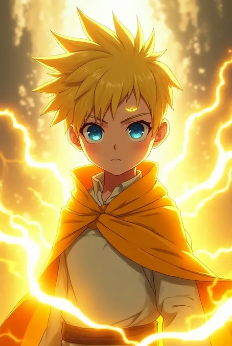   blond ninja boy with bell-shaped cut with 6 downward peaks that cover part of his band on his forehead with the eclipse symbol,  blue eyes , white shirt yellow cape with orange lines in the shape of lightning , black jeans and yellow lightning around him...