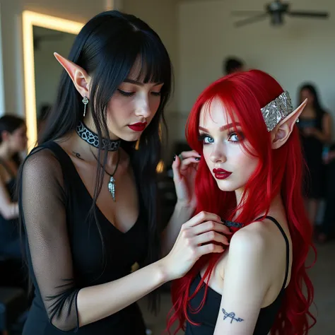 Beautiful woman with elf ears black and white hair black lip tattoos is in a hairdresser with a beautiful woman with blue eyes French features she has aluminum foil on her head and the elf is making red highlights in the background she sees the hairdresser...