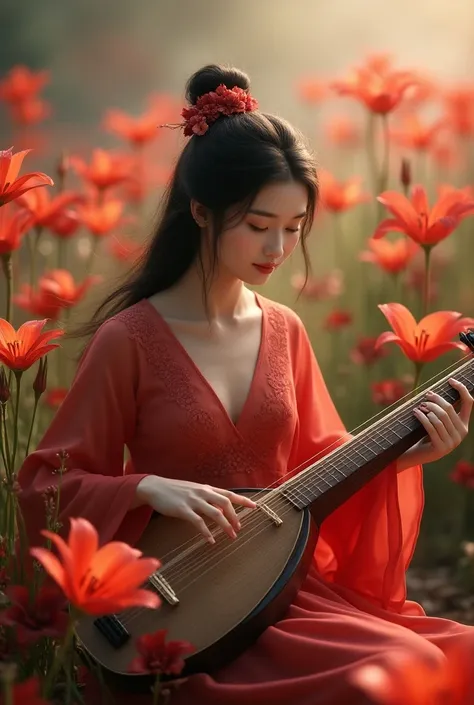 Guzheng beauty plays guzheng in a world surrounded by spider lilies