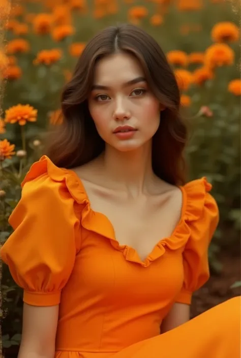 Kodak disposable photography of beautiful fashion model with orange dress, laying on orange flower bed, --ar 3:4