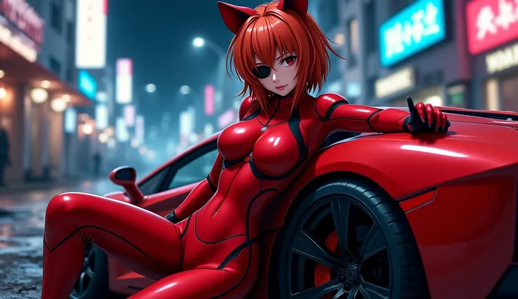  1 girl,  Soryu Aska Langley ,  Neon Genesis Evangelion, Evangelion: The New Movie,  Cat hat, Plug Suit,  pilot suit,  red bodysuit , black eyepatch,,,masterpiece, Best Quality,  so beautiful,  Leaning on a red Lamborghini Aventador、 high resolution on dow...