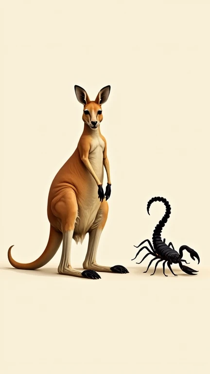 Show a full-body illustration of a kangaroo and a scorpion side by side, each in a natural, detailed stance. The kangaroo stands upright, showcasing its muscular legs, long tail, and sandy brown fur. Next to it, the scorpion is depicted with its pincers op...