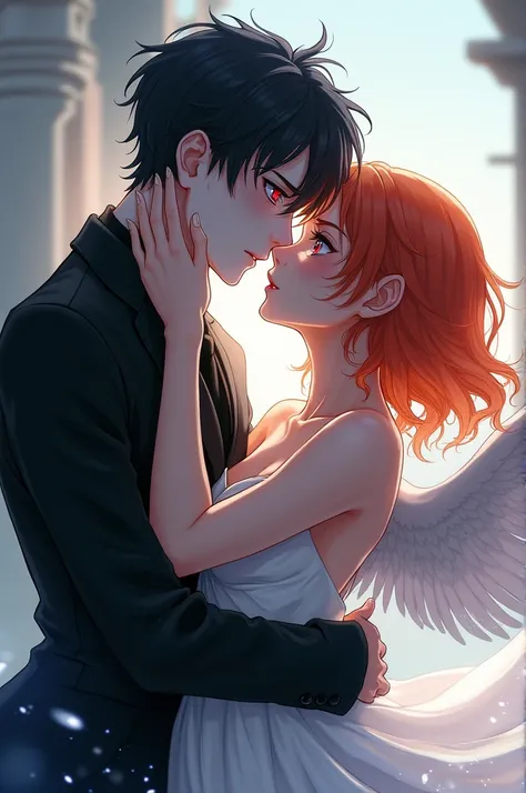 Man with short black hair ,  with red eyes and very white skin kisses angelic girl with orange hair and blue eyes passionately. She is dressed in a white dress and he in a completely black suit in anime  