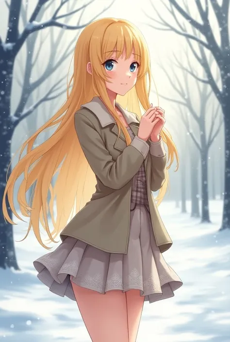 Beautiful anime girl with long yellow hair in a short skirt and jacket in winter