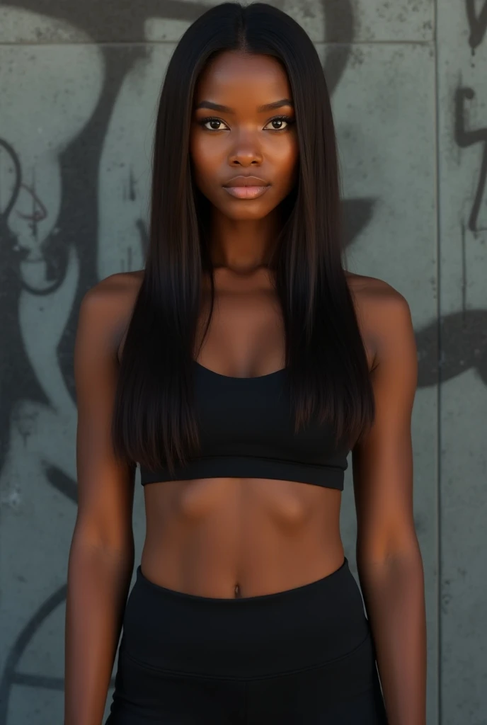 young African American  woman, straight brown hair, dark and tanned skin, wearing acrop top and yoga  pants, in the background a gray graffitied wall, ultra realistic 4k, detailed