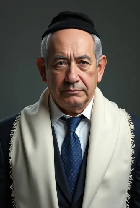 Benjamin Netanyahu wearing a kippah and a tallit.