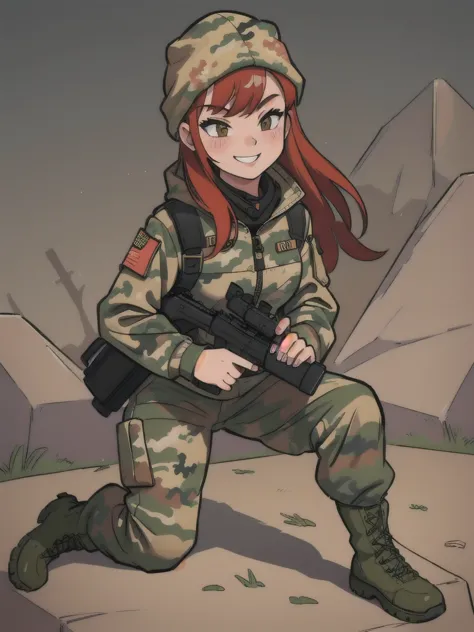 girl with smile and red hair, with a camouflage jacket, camouflage balaclava, camouflage pants and army boots.