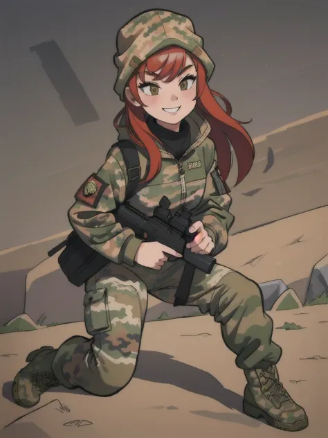 girl with smile and red hair, with a camouflage jacket, camouflage balaclava, camouflage pants and army boots.