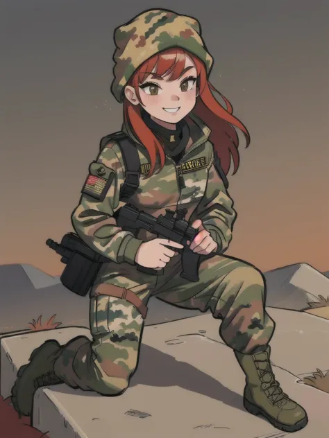 girl with smile and red hair, with a camouflage jacket, camouflage balaclava, camouflage pants and army boots.