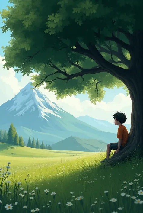 A open field beside a mountain 
There is a big tree and a boy seat beside the tree,and thinking about his past 