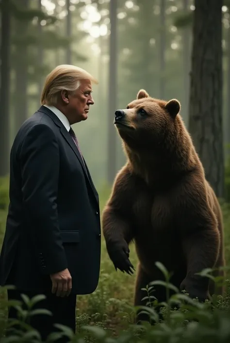 Claro! Aqui está o prompt traduzido para o inglês:

Prompt: "A realistic scene where former U.S. president Donald Trump is in a dense, natural forest, facing a large wild bear. Trump is dressed in a formal suit, with an expression of concentration and mild...