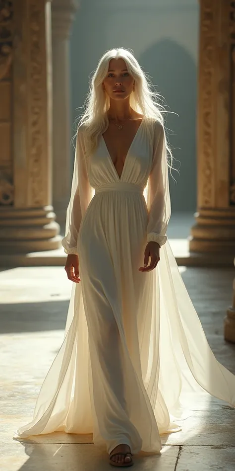 old sexy lady with long white hair wearing a long white dress walking in the temple, front view