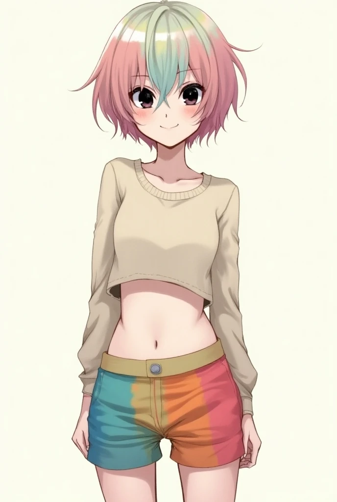 A pale white femboy , completely black eye ,Rainbow and short hair,coat/ short belly sweater shows ,tight short shorts, colored ink on clothes and skin,funny smile,anime