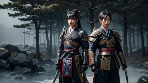 Two dignified young samurais, Ginkaku and Kinkaku, wear traditional Japanese armor, adorned with intricate designs and family crests, their faces obscured by worn, lacquered samurai masks with ornate metal accents, standing side by side on a misty morning,...