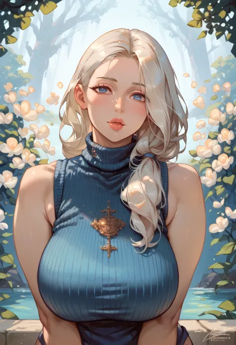 ((highly detailed anime art style)), outdoors, 1 ((sensual mature woman)), long ((platinum blonde hair)), detailed blue eyes, ((...