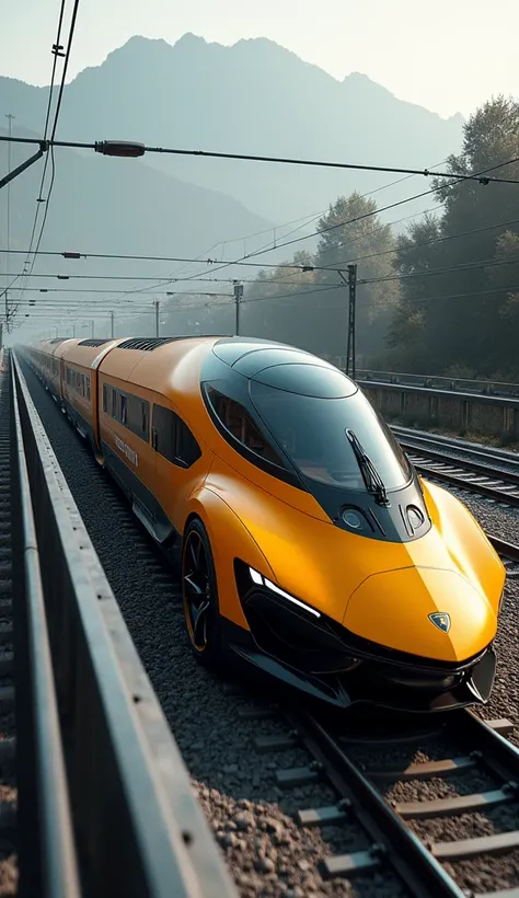 Prompt:

"Imagine if a Lamborghini car were transformed into a train. Describe how this futuristic train would look, blending the signature sleek and aerodynamic design of a Lamborghini with the functionality of a high-speed train. Consider the trains shap...