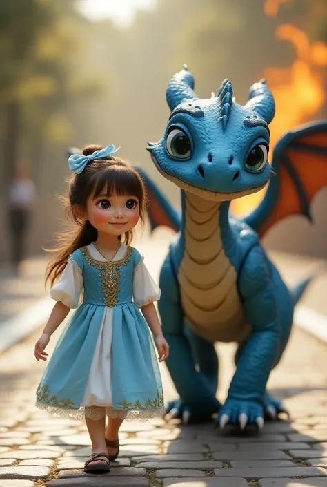 In an ultra-realistic, cinematic-style photograph, an adorable girl with bright blue eyes walks confidently down a glowing runway, side by side with a realistic blue dragon, breathing fire into the air. The girl has round cheeks and a small bow in her hair...