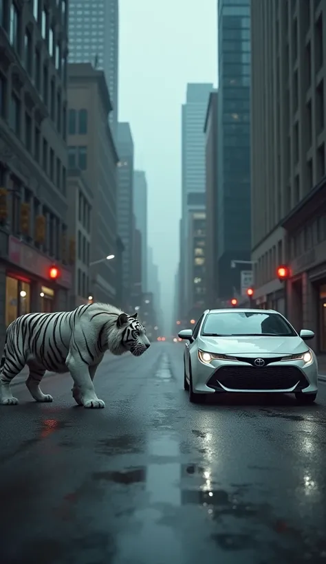 **Prompt: White Tiger vs. White Toyota Corolla - A Standoff in the City Streets**

Under the glow of flickering streetlights, the city is eerily quiet—an abandoned stretch of road, lined with towering skyscrapers casting long shadows. The soft hum of dista...