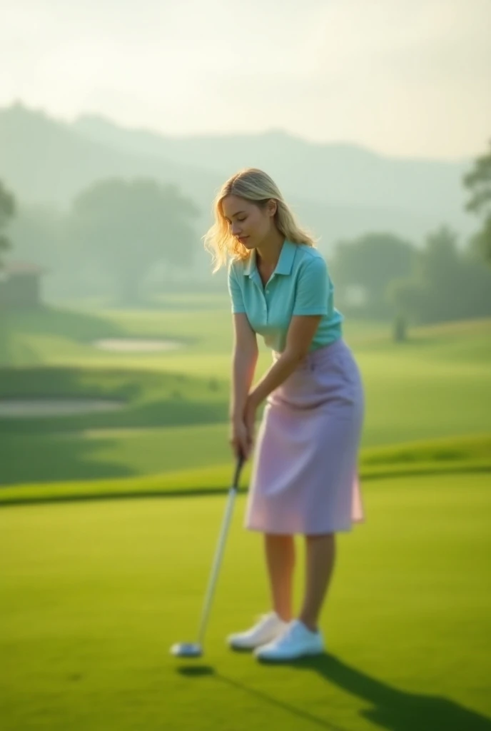 An ethereal, candid scene of a graceful woman preparing to putt on a vibrant green golf course. She’s dressed in a stylish combination of a light blue polo and a pastel lavender skirt, which softly reflects the sun’s warm rays. Her relaxed posture and sere...