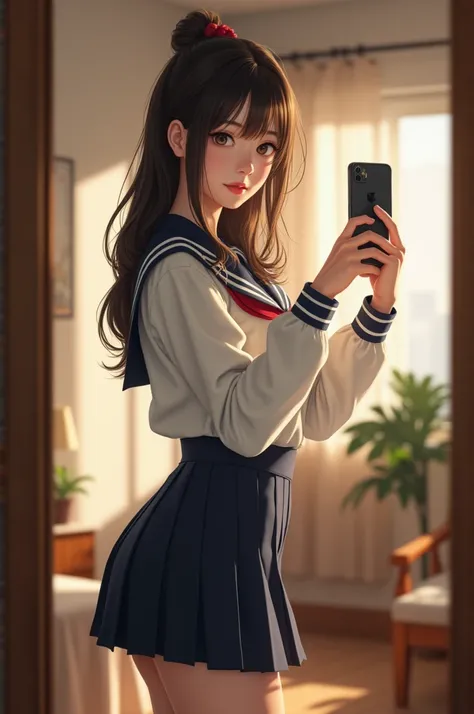 Beautiful Japanese girl, , big-breasted white skin wearing Japanese school dress wearing a short skirt, sitting taking a picture of herself in her room mirror. Very detailed, realistic, realistic, realistic, high quality 4k 8k masterpiece, special details,...