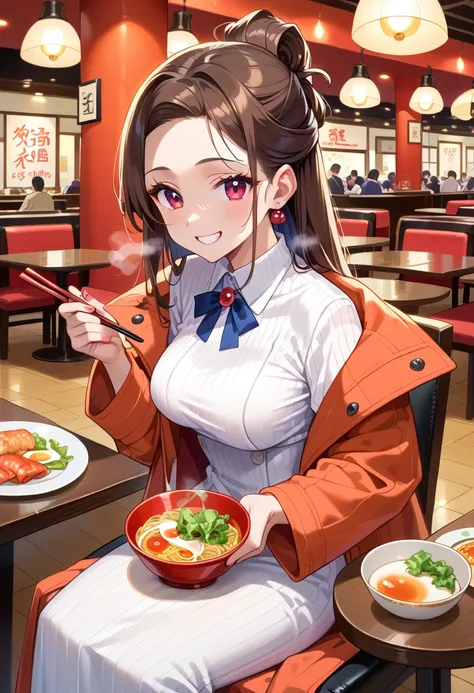 (masterpiece),(best quality),(ultra-detailed), (illustration), (an extremely delicate and beautiful),nsfw BREAK 1 girl,solo,eat ramen,slurp ramen,holding chopsticks,sitting on chair BREAK 22 years old,(half updo hair:1.1),brown hair,cherry pink eyes,(cute)...