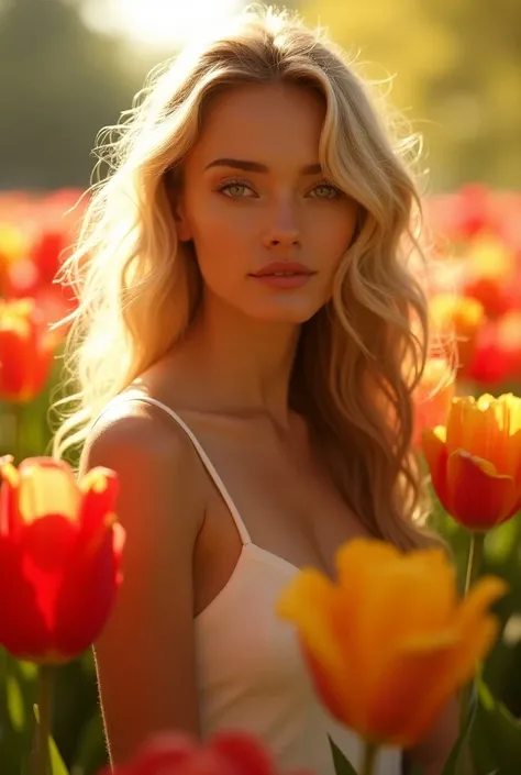 Create a portrait of a beautiful woman standing amidst a bed of vibrant tulips. The sun is shining on her face, illuminating the golden highlights in her hair.