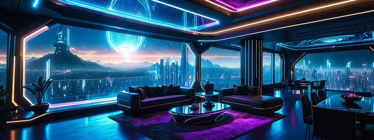 scene of a very luxurious futuristic house from the inside at night ,  there are neon lights and leds , [tron],  you can see a b...