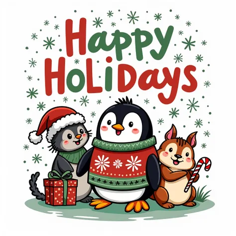 whimsical and detailed vector t-shirt design showcasing a penguin wearing a Christmas sweater, a cat with a Santa hat, and a squirrel holding a candy cane. The design includes colorful typography “Happy Holidays” on a white background with dynamic, bold co...