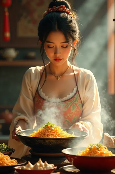 Fantasy concept art. Medium shot. A beautiful Chinese woman in a light apron tends to sizzling noodles on a stove, surrounded by simmering garlic and herbs. Warm lighting. Soft focus on the subjects face and figure, with sharp focus on the steaming dishes....