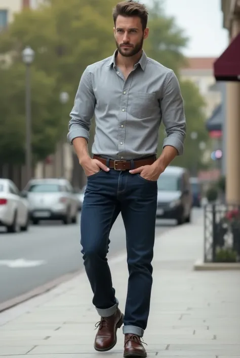 Grey full sleeve shirt without folding 
Brown leather belt 
Dark blue jeans
Dark brown shoes 