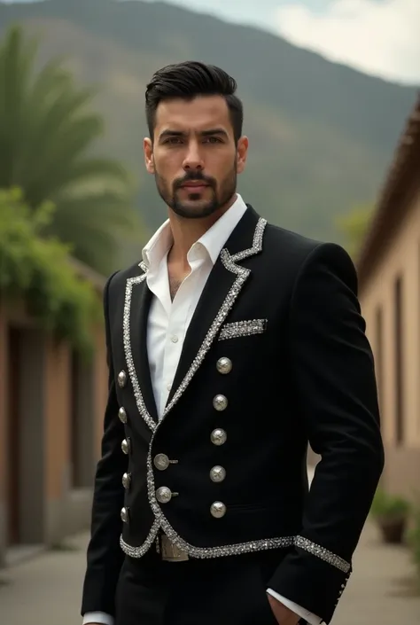 realistic 8k cinematographic photo, masterpiece, of a beautiful man from Jalisco 1.70 meters tall. tall, slim build, athletic body, goatee, light-colored eyes, bushy eyebrows, mustache, he wears a spectacular black charro suit, with silver buttons and embr...