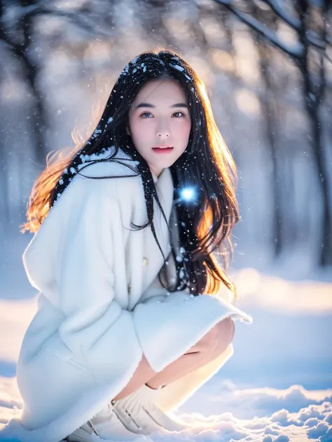 a beautiful young japanese girl, kneeling on a soft snow ground, looking at the camera, wearing long coats and gloves, scattered golden light, sky full of stars, mist, realistic image, soft white mist, beautiful pale skin, magical sparks, 1girl, extremely ...