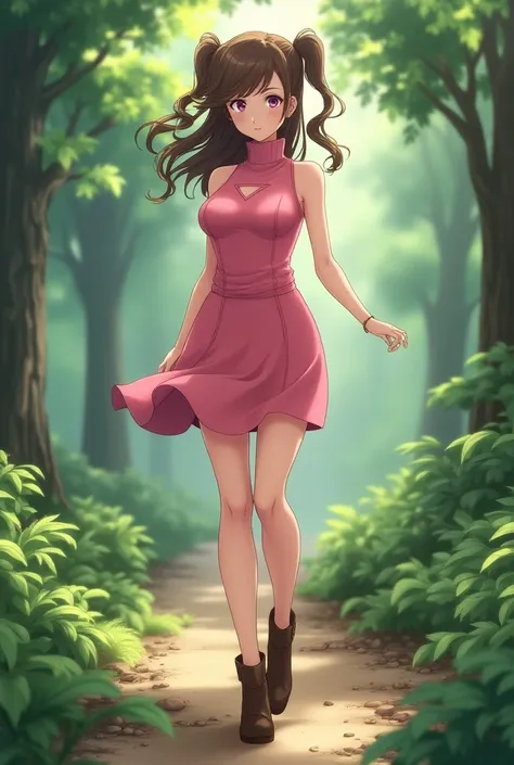  Beautiful mature woman sexy anime smiling purple eyes brown hair tied up in two pigtails, sleeveless pink dress high collar brown ankle boots ,  walking in the woods anime style full body  