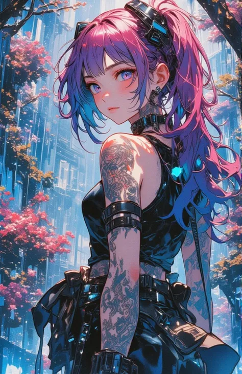 highly detailed highly realistic, best quality masterpiece, full watercolors, all colors -haired  em fusão Lili + girl shiriu sexy atraente sensual como uma cyber a gente punk tatuada estilosa moderna, está de pé em um jardim de arvores blue ice + marron b...