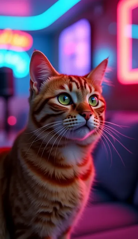 A hyper-realistic portrait of a tabby cat with beautifully patterned orange and brown fur, turning its head to the right as if engaged in conversation or reacting to a sound. The cat’s expressive green eyes reflect colorful neon lights, adding a playful sp...