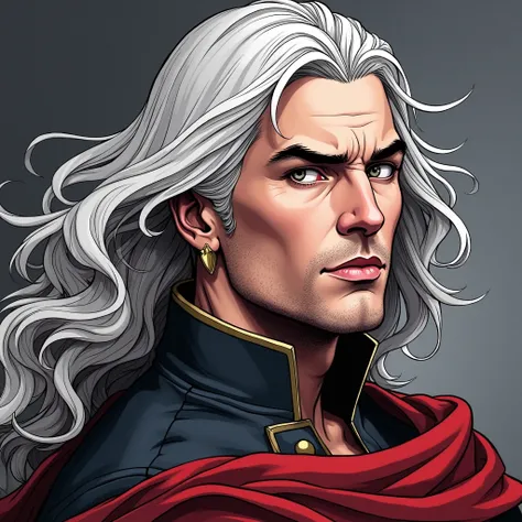  beautiful drawing in the style of a realistic comic ,  A handsome man  с длинными белыми волосами,  European looks, with grey eyes,  A handsome man , Beautiful skin,  A handsome man  , Realistic skin, Very handsome guy,