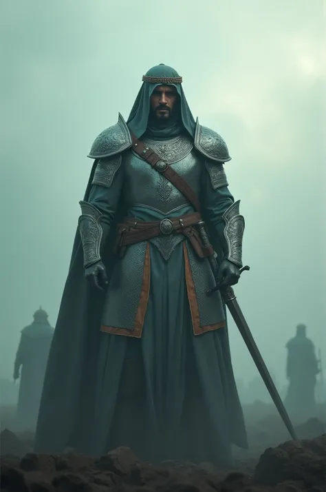 "A battlefield covered in fog, slowly revealing a strong and fearless warrior figure standing amidst the mist. The warrior is in traditional Arabian armor with intricate designs, holding a sword in his right hand. His stance is powerful and heroic, with a ...